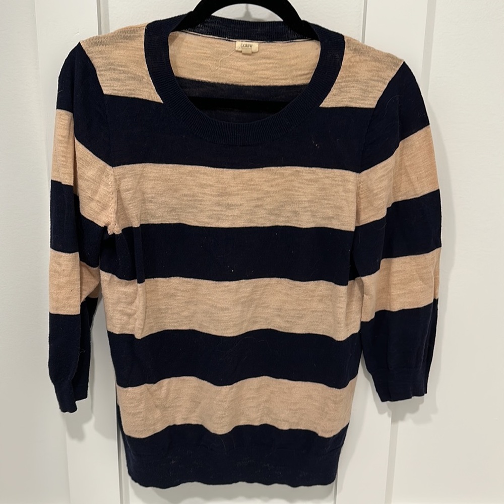 JCrew 3/4 sleeve sweater 100% cotton navy and tan stripes